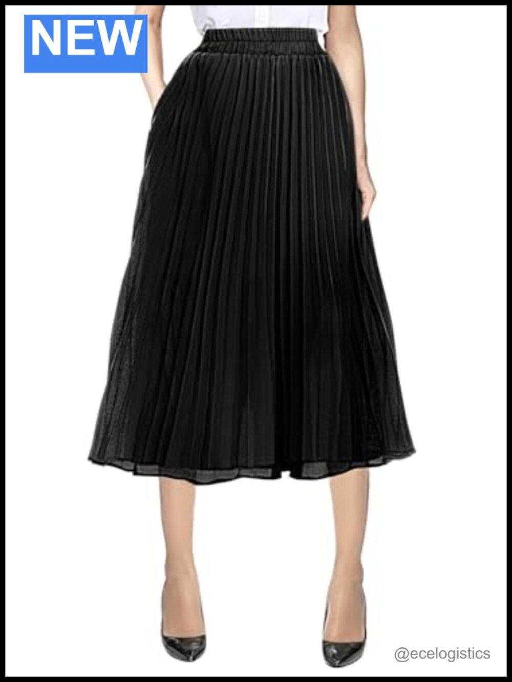 Chiffon A-Line Elastic Waist Midi Skirt Pleated Flare with Pockets
